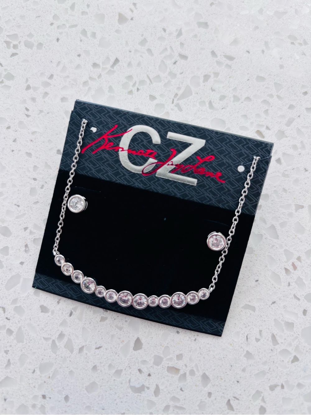 KENNETH JAY LANE CZ Silver Tone Curved Smile Necklace & Stud Earring Set